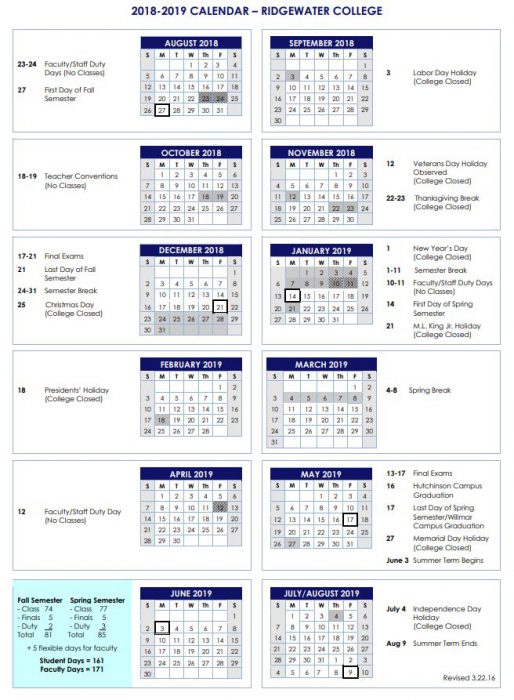 academic calendars ridgewater college student calender