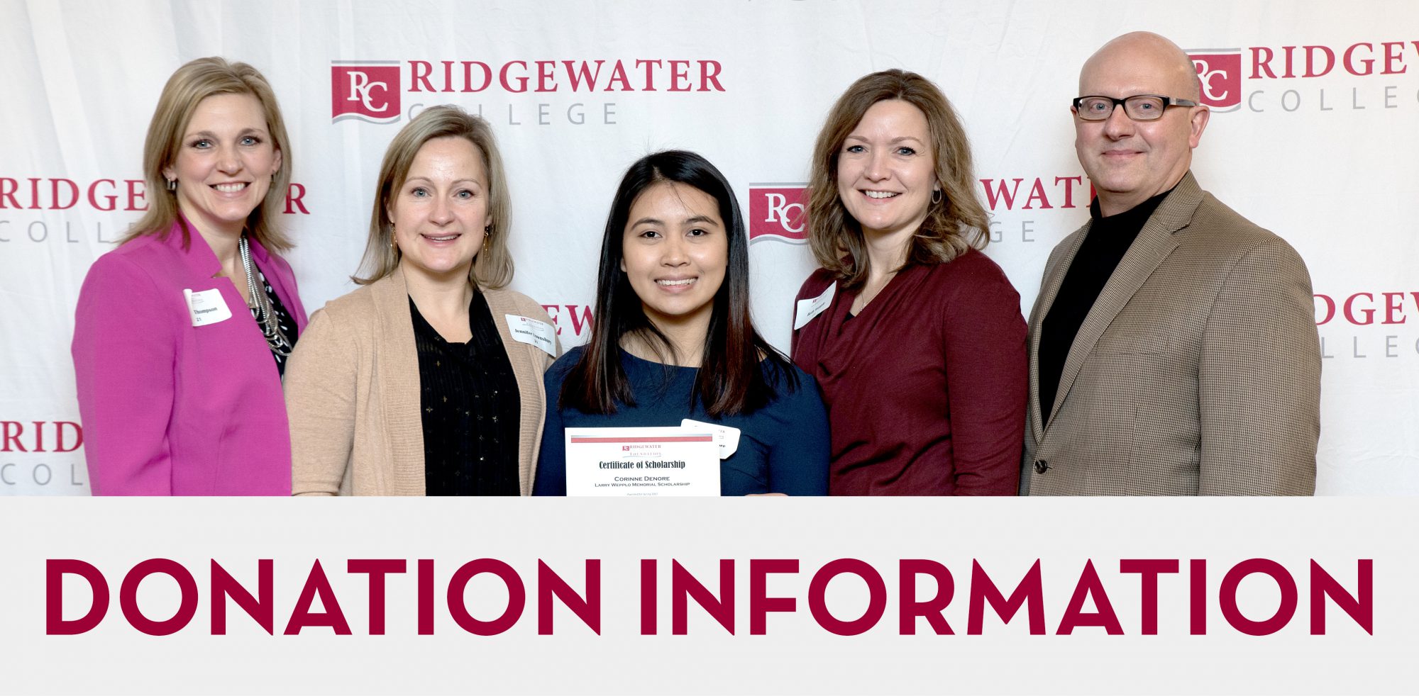 Those awarding the Larry Weplo Memorial Scholarship stand with the student recipient at the Ridgewater College step and repeat