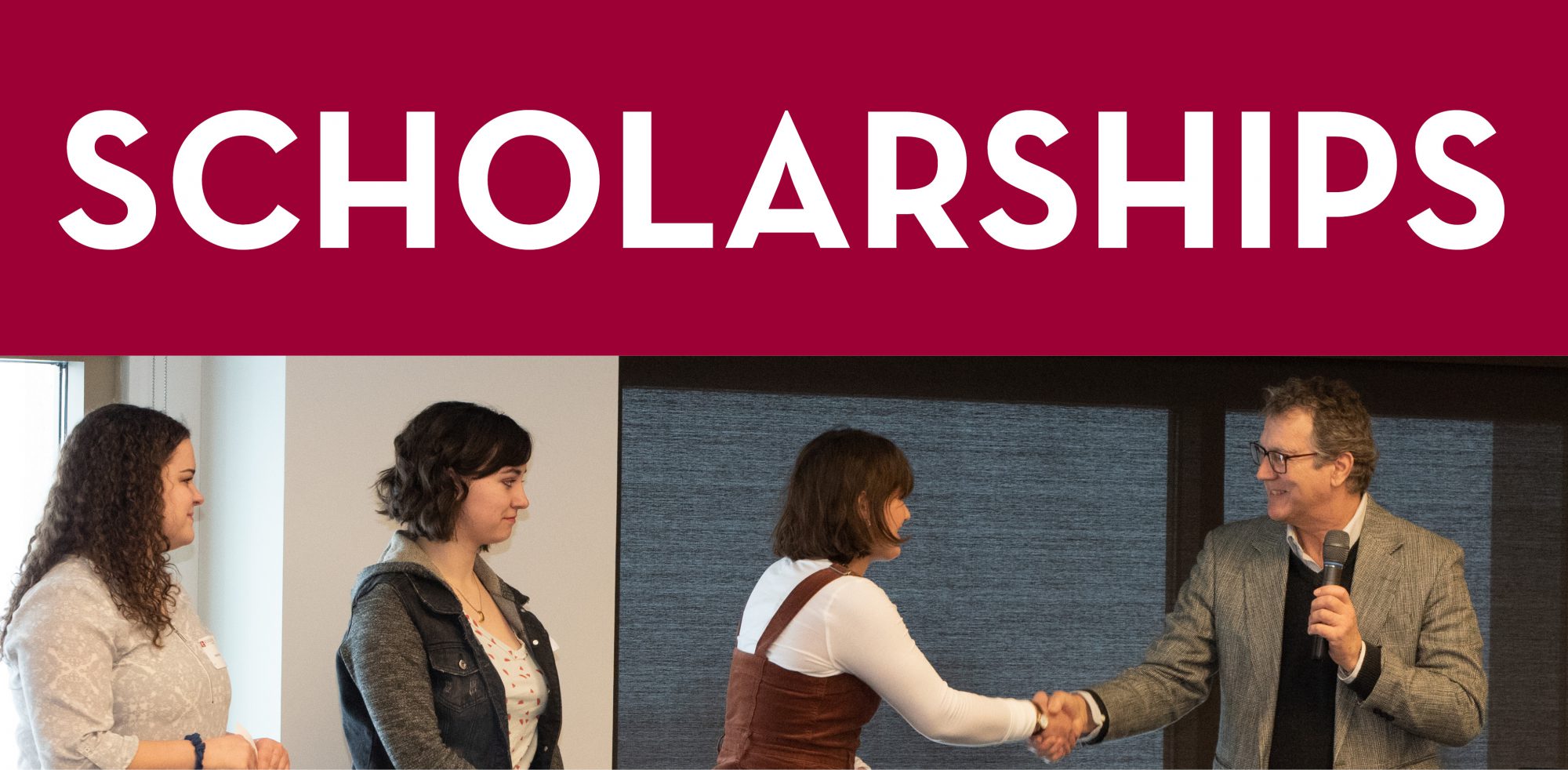 Scholarships title with image of students accepting their scholarships below.