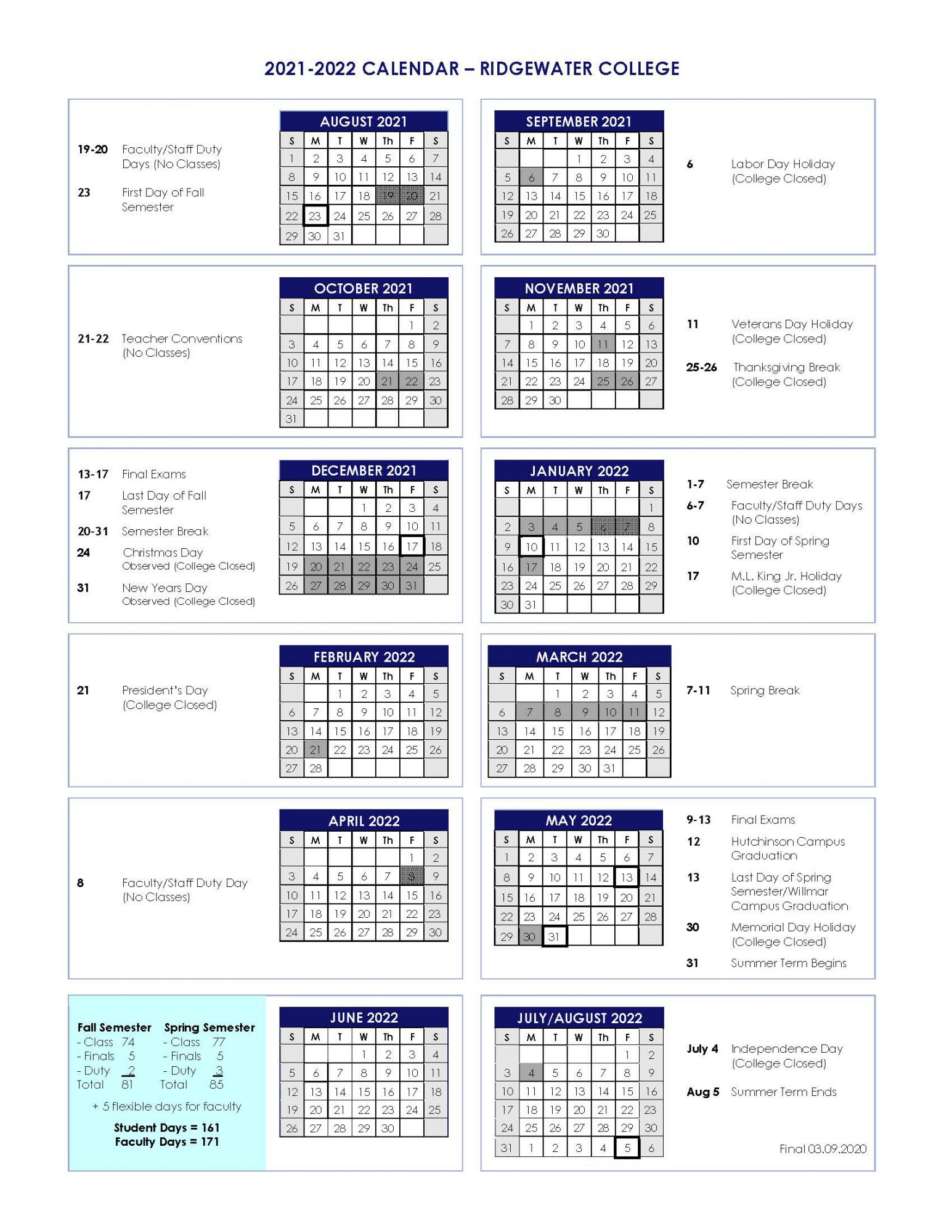 2022 Fall Academic Calendar Calendar with holidays