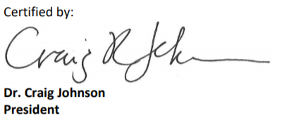 image says certified by Dr. Johnson, with signature, Dr. Craig Johnson, President