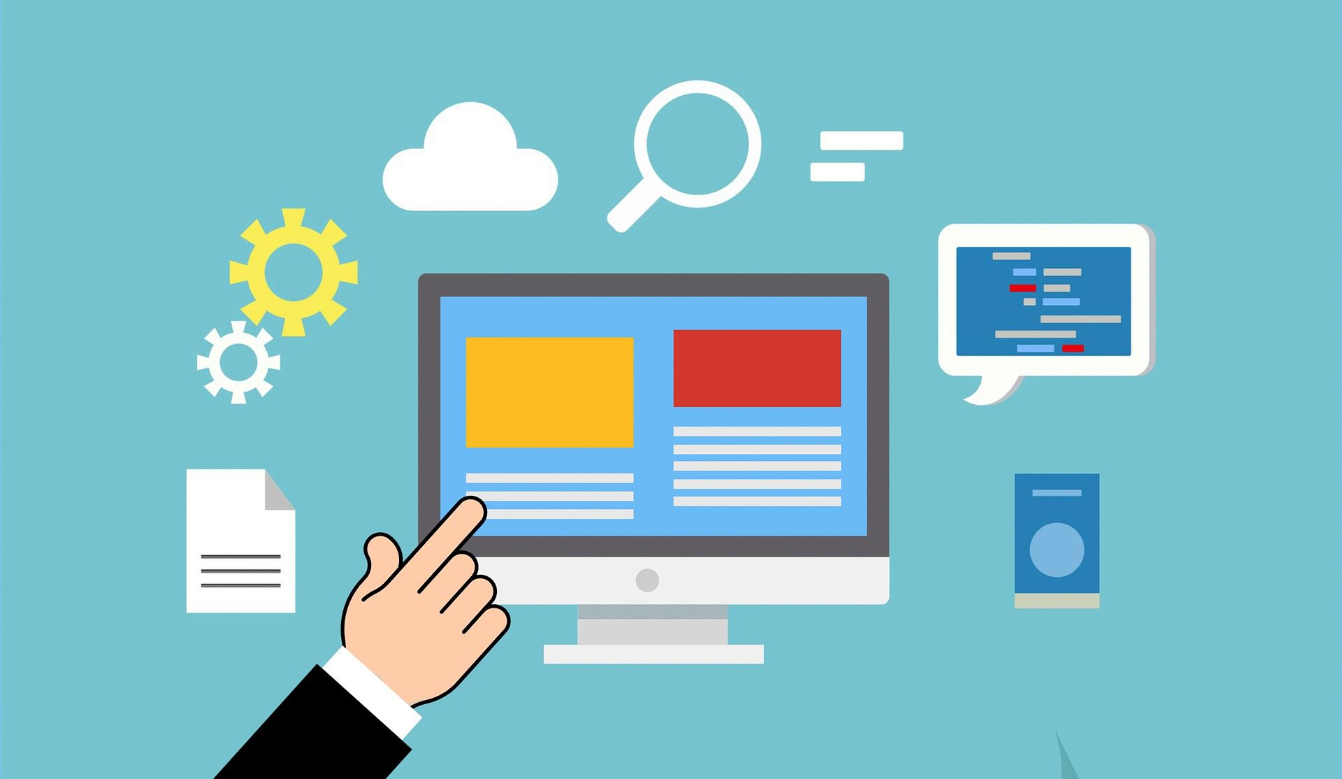 finger pointing at computer screen drawing with different icons floating around