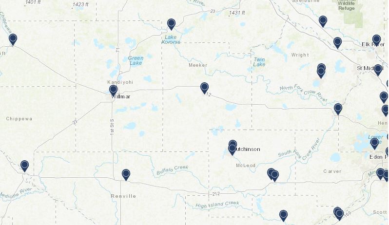 Map with MN COVID testing locations in the Ridgewater area